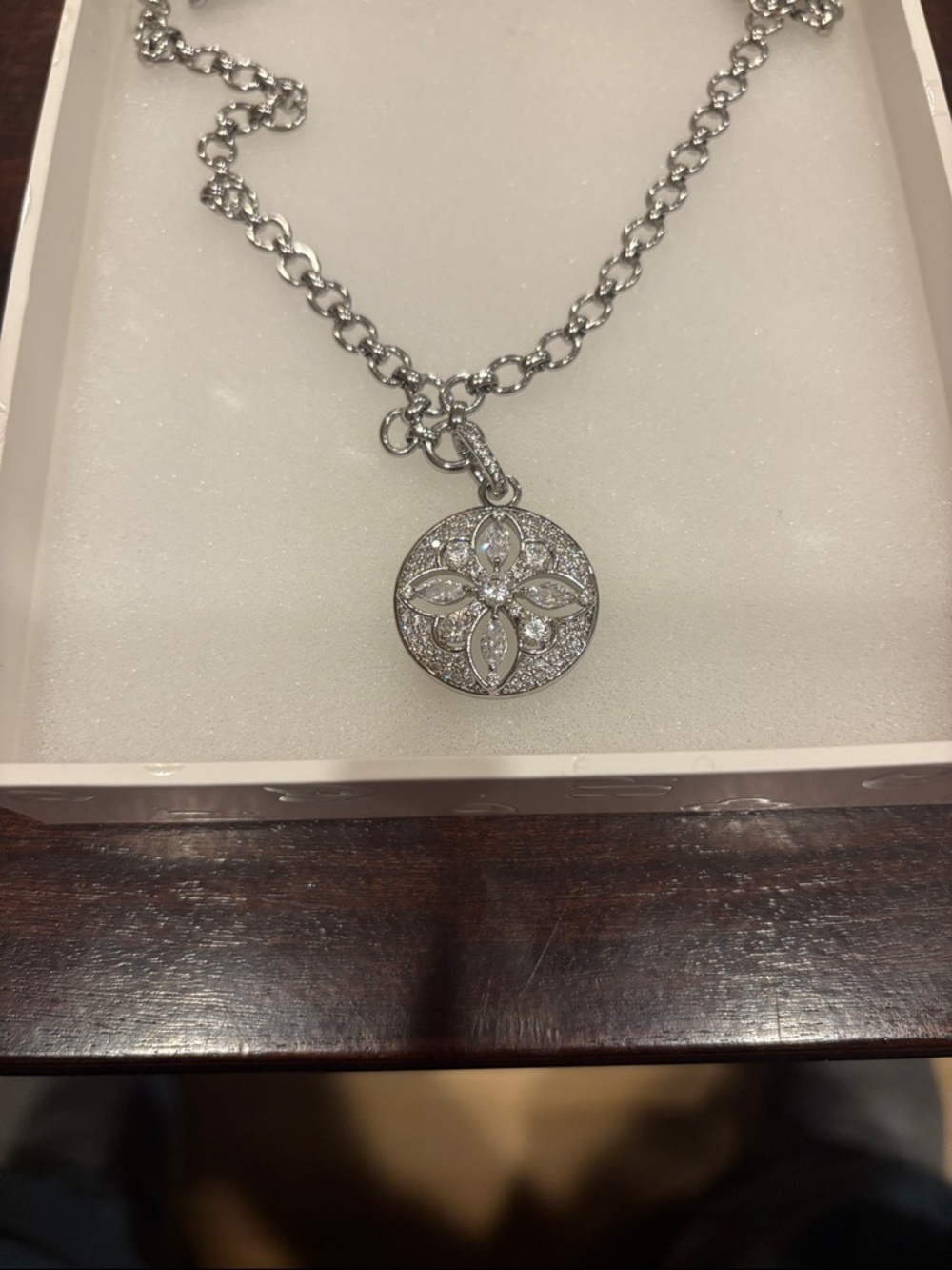 CZ Flower Pendant Rhodium Necklace - Picture 2 of 2